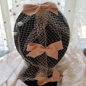 vintage wedding veil, pink mesh hair net w bows, taffeta veil w bows, 1940s